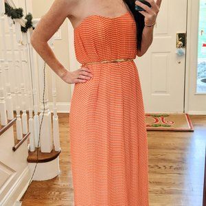 Strapless, full-length Burnt Orange & Cream dress